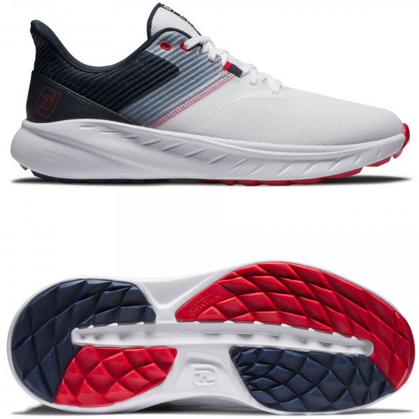FootJoy 2025 Flex Herren Golfschuhe, Weiß / Navy / Rot